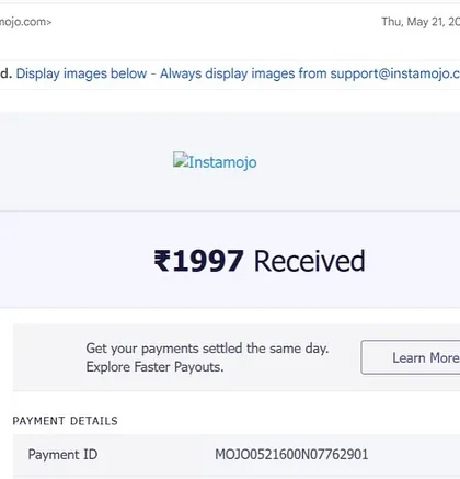 A screenshot of the first payment I ever received for my masterclass: ₹1997. Just one person believed in me, and I gave it my all. That's where it all began.