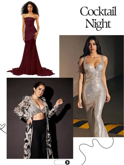 More cocktail night inspiration, featuring glamorous gowns in deep burgundy and shimmering silver. These looks are perfect for making a bold and sophisticated statement.