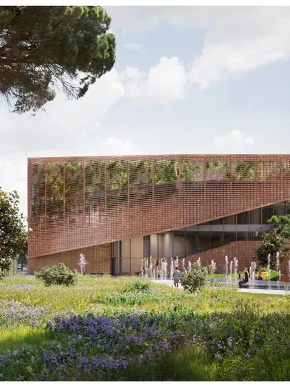 The new building sits harmoniously within a newly designed park, creating a vibrant public space for the city of Rome.