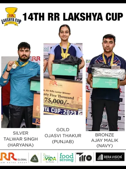 The junior winners from the 14th RR Lakshya Cup: our athlete Ojasvi Thakur (Gold), Talwar Singh (Silver), and Ajay Malik (Bronze).