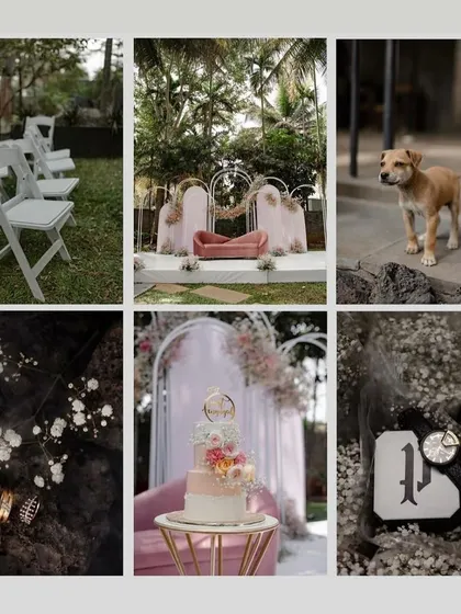 This collage showcases the key elements of a modern engagement party I planned. It includes the guest seating, the main stage, a custom cake, and personalized initial decor, all tied together with a consistent theme.