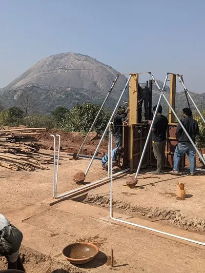 My team at work on the rammed earth formwork for the Unnathi Farm pavilion, a labor-intensive process that results in strong, beautiful walls.