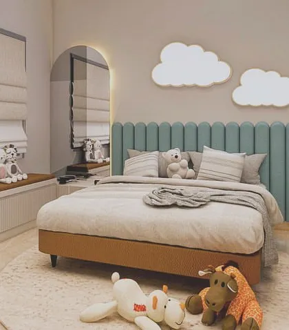 The initial 3D render for the kid's room, establishing the color palette, layout, and whimsical theme.