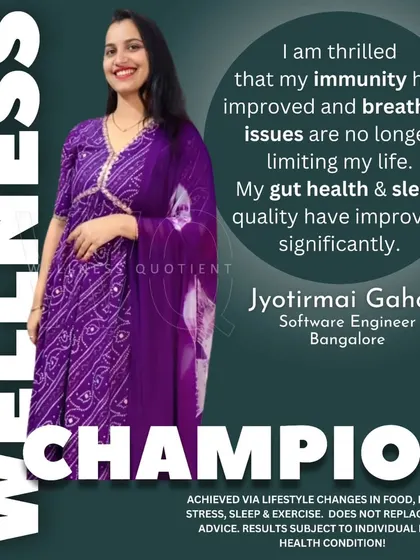 After recovering from Dengue, Jyotirmai struggled with low immunity and poor gut health. By focusing on nourishing her body from the inside out, she resolved her breathing issues, improved her digestion, and regained her energy, proving that true wellness is about building long term resilience.
