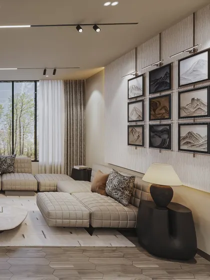 This view showcases a unique gallery wall of sand art, demonstrating my ability to render custom art installations with precision.