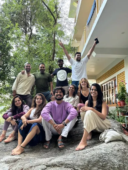 Our full group from the Spiritual Mountain Excursion. We came as individuals but left as a tribe, connected by our shared experiences and the powerful energy of the Himalayas.