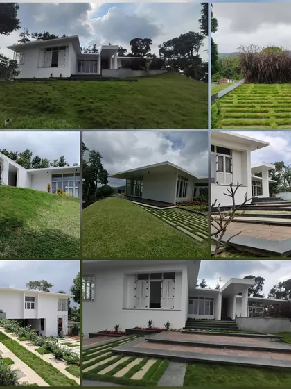 Glimpses of a modern home set in a hilly landscape, featuring clean white architectural forms and extensive terraced gardens. This collage shows how we use landscaping to anchor a building to its site.