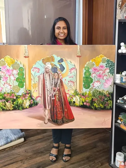 Presenting the large 34x47 inch canvas in my studio. This painting, which started at a live event, received its final touches here before being delivered.