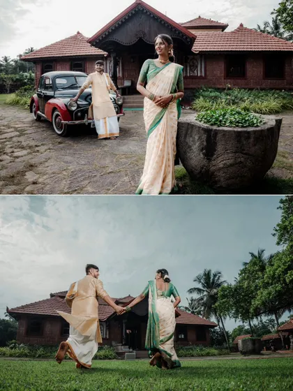 A duplicate of image 267, a collage combining a vintage car and a playful shot of the couple.