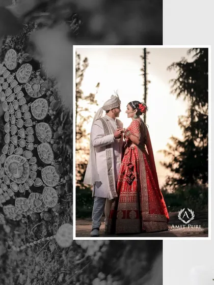A classic couple portrait with a creative twist. The juxtaposition of the couple against a detailed shot of the bride's jewelry adds an artistic layer to their wedding photo.