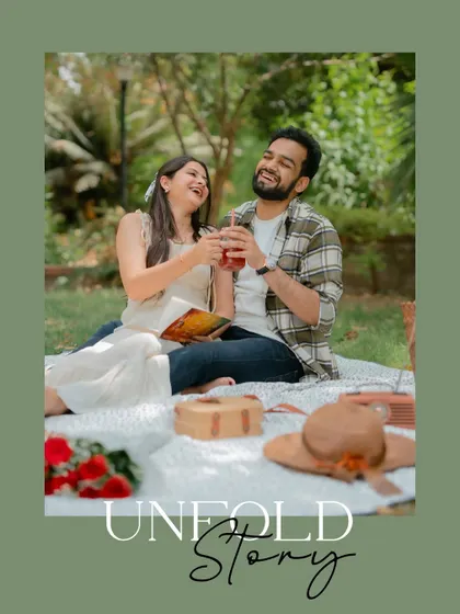A joyful, candid moment from a picnic shoot, with a text overlay that speaks to the unfolding of their love story.
