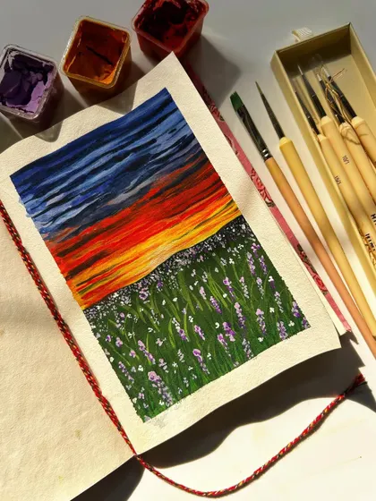 A vibrant sunset over a field of lavender flowers. This piece is part of my sunset painting series.
