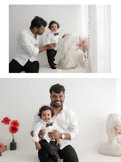 A collage of a father and his dapper son in a matching bow tie, sharing smiles and playful moments.