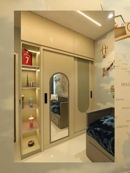 The wardrobe in the adventure room includes open shelves with accent lighting, perfect for displaying trophies, collectibles, and favorite toys.