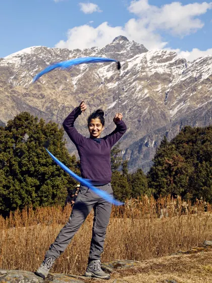 Flowing with my scarf poi against the backdrop of the Himalayas. For me, flow arts are a form of moving meditation, a way to connect with my surroundings and my inner self. This image captures the quiet, introspective side of my practice, which informs the depth and emotion of my public performances.