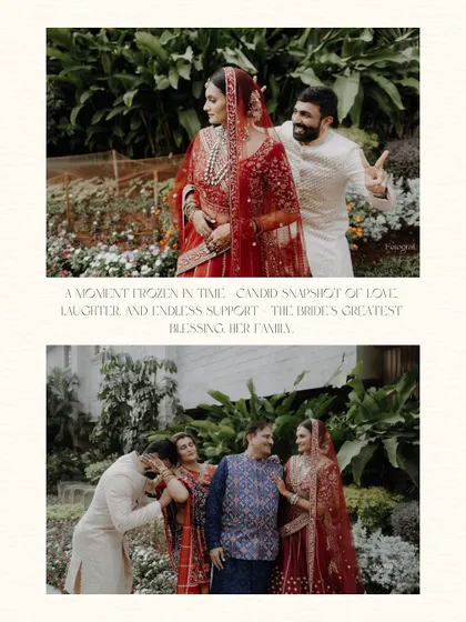A collage of candid family moments, showing the bride with her family and the groom playfully interacting with his new in-laws.