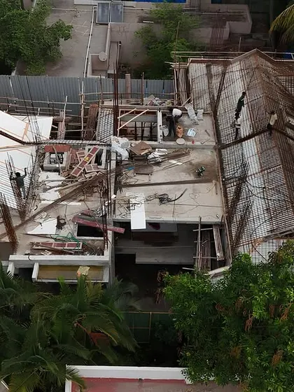 An aerial shot capturing the full scope of a residential construction site.
