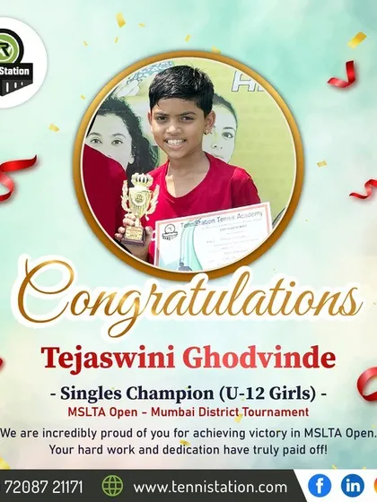Congratulations to Tejaswini Ghodvinde for her victory as the U-12 Girls Singles Champion at the MSLTA Open. Her dedication is an inspiration to all our young players.