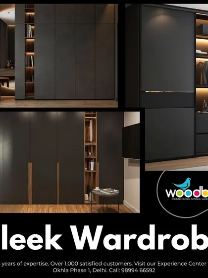 For a bold and luxurious feel, nothing beats a sleek black wardrobe. This collage shows different ways I can use black finishes, from matte surfaces with integrated lighting to combinations with open shelving and dressing tables for a complete bedroom solution.