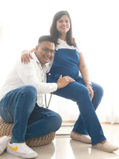 A playful "Egg-specting" announcement. We love using fun puns and cute props to bring a unique and lighthearted feel to your maternity photos.