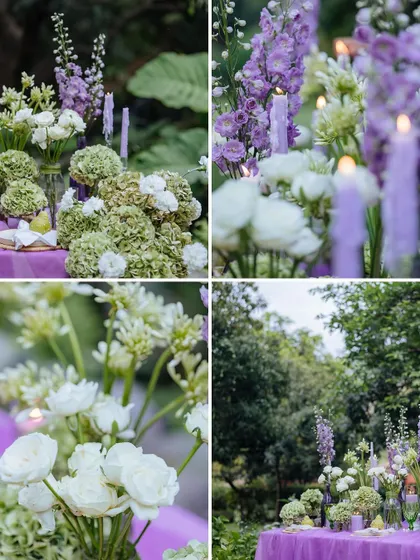 A collage of the romantic purple and green floral arrangements and candlelit details from a tablescape.