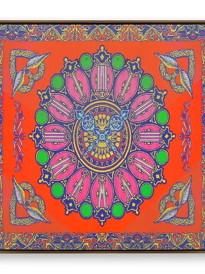 A full view of the beautifully framed scarf. The floater frame style allows the textile's colors and patterns to take center stage, transforming it from an accessory into a captivating art piece.