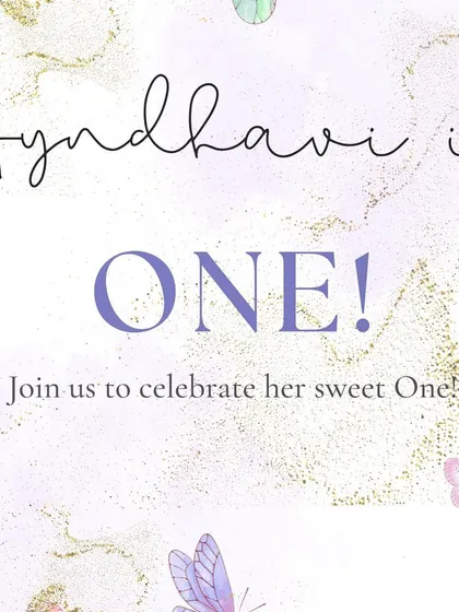 The elegant and simple digital invitation design for Hyndhavi's first birthday, setting the tone for a magical butterfly-themed event.