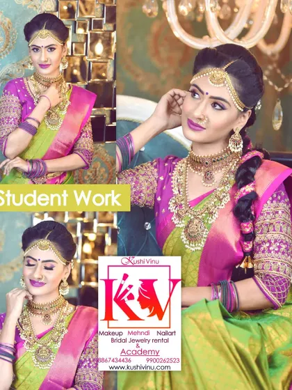 This look created by a student shows great skill in both makeup application and hairstyling. The intricate braid and perfectly blended makeup are proof of her hard work during the course.