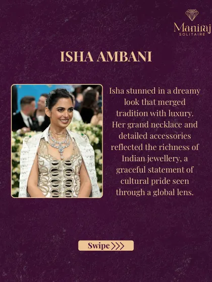 Isha Ambani's look was a dreamy merger of tradition and luxury. Her grand necklace and detailed accessories reflected the richness of Indian jewellery, making a powerful statement of cultural pride.