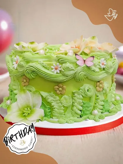 For Utsavi’s birthday in Jor Bagh, I designed this blooming garden cake. The vibrant green buttercream is decorated with intricate floral piping and edible butterflies, making her birthday wish come true.