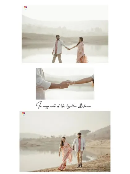A three-panel story from a vintage-themed shoot by the lake, showing the couple walking together and a close-up of their hands.