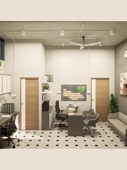 A render of a compact and efficient office layout. We used a monochrome color scheme with black and white floor tiles, functional workstations, and wall-mounted storage to maximize the utility of the space without it feeling crowded.
