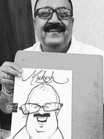 A happy guest at an engagement ceremony in Itarsi, Madhya Pradesh. My classic black and white marker sketches are quick, expressive, and always a crowd-pleaser.