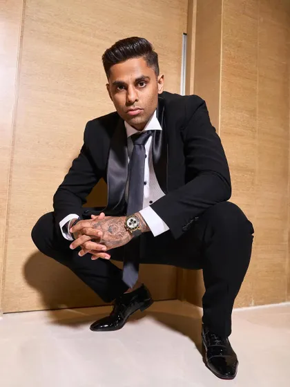 Cricketer Suryakumar Yadav in a sharp Rohit Gandhi Rahul Khanna tuxedo. The satin lapels and tie give it a classic, polished finish perfect for a formal event.