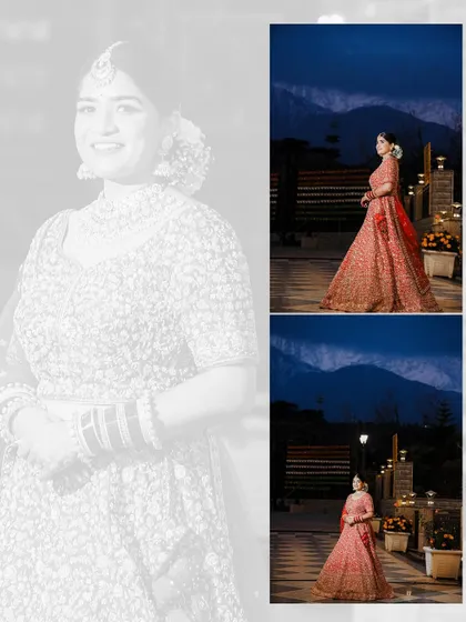 A collage of the bride at her nighttime wedding, with the mountains visible in the background. The images capture the unique beauty of an evening ceremony in the hills.