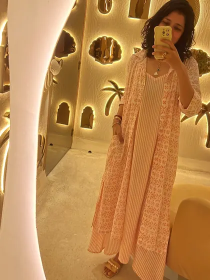 Celebrating a milestone with my favorite cheerleaders. This layered pink and white block print dress is a happy outfit for a happy occasion.