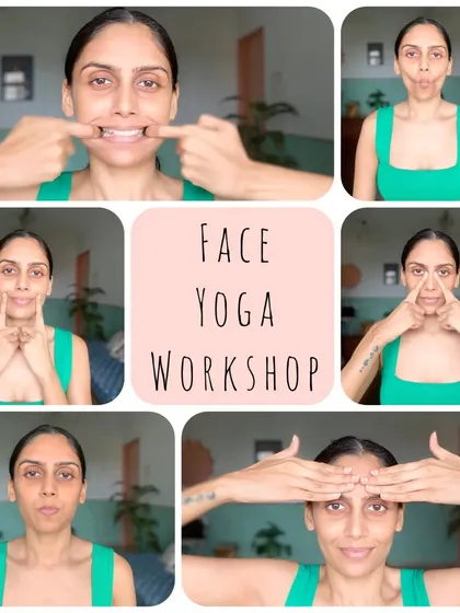 A collage from my Face Yoga workshop, showcasing various exercises that tone and rejuvenate facial muscles.
