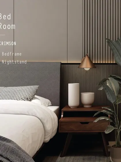 The Crimson Bedframe and Nightstand, part of a complete home collection. The upholstered grey headboard and warm wood tones create a cozy and contemporary bedroom environment.