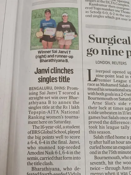 Media coverage of Sai Janvi's straight-set victory to annex the singles title at the Rs 1 Lakh AITA National Ranking women's tournament.