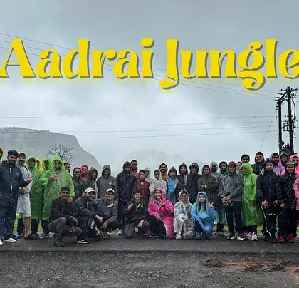 The entire Aadrai Jungle trek group, undeterred by the rain and ready for an adventure.