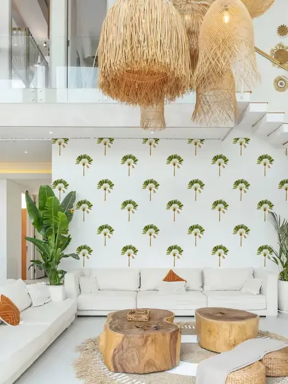 This living room is transformed into a tropical paradise with our Palm Tree wall stickers. The design adds a sense of relaxation and style to the space.
