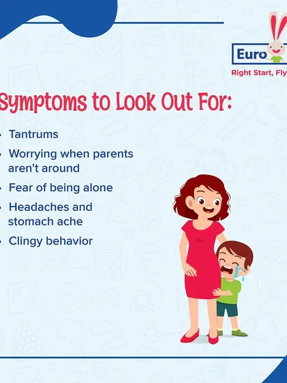 This list outlines the common symptoms of separation anxiety, such as tantrums and clingy behavior, helping parents identify what their child might be feeling.