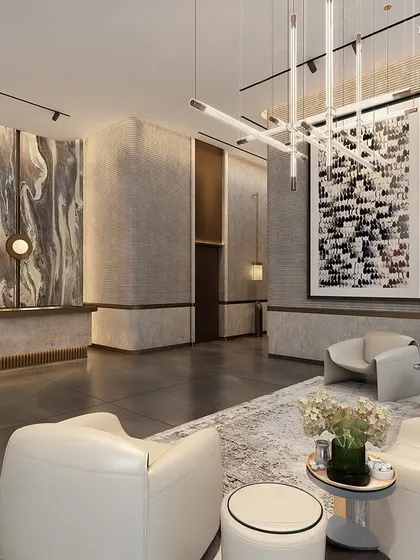 The reception and lounge area of a state-of-the-art commercial tower. The space is a sculptural statement, with high ceilings and curved monolithic columns creating a spatial rhythm that commands presence yet invites stillness.