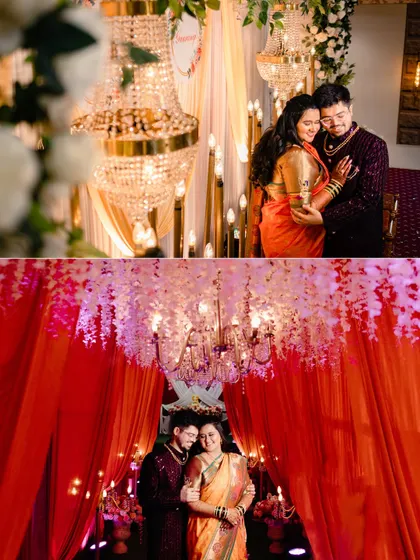 A collage showcasing the couple's embrace under opulent crystal chandeliers and against a dramatic red-draped entrance. It highlights the luxurious and vibrant atmosphere of their traditional engagement ceremony.