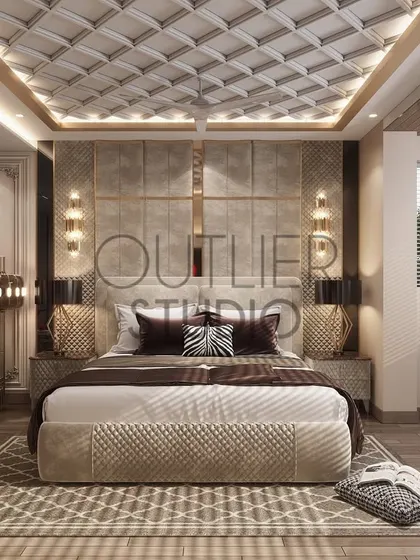 Imagine waking up in a space that feels like a perfect blend of timeless elegance and modern sophistication. This master suite features a plush upholstered headboard, a coffered ceiling, and a cozy seating nook by the window.