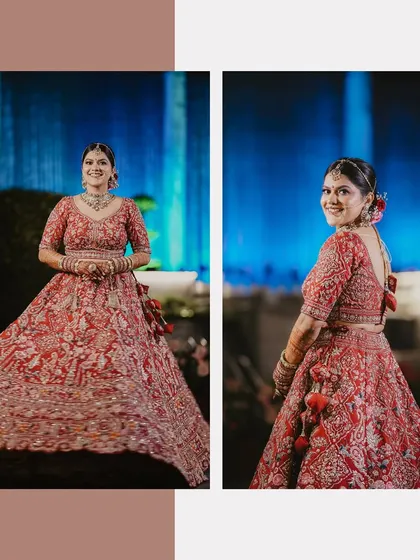 A diptych showing the bride in her heavily embroidered red lehenga. The two angles provide a complete view of her stunning outfit and happy demeanor against a dramatic blue background.