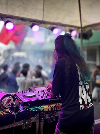 A shot from behind the decks at a college event, showing my view of the party.