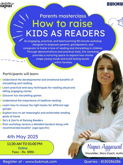 This poster details the 'How to Raise Kids as Readers' masterclass I co-host. The 90-minute workshop is designed to empower parents with practical techniques for reading aloud, choosing the right books, and setting achievable reading goals at home.