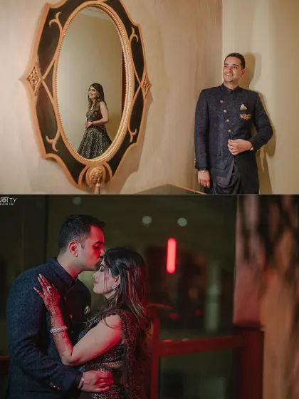 A collection of romantic couple portraits from a Sangeet night, including a reflection shot and a tender forehead kiss. We find creative angles to tell your story.