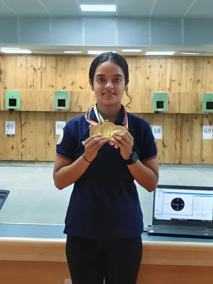 Devanshi Katara with her three gold medals after a spectacular performance at the 22nd Rajasthan State Championship.